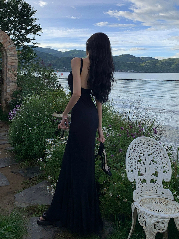 Sexy backless square neck black dress for women mermaid long dress    S5865