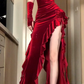 Red dress women's velvet suspender skirt irregular sexy birthday evening dress       S5457