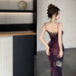 Purple printed dress for women summer lace slit sexy long party dress     S5907