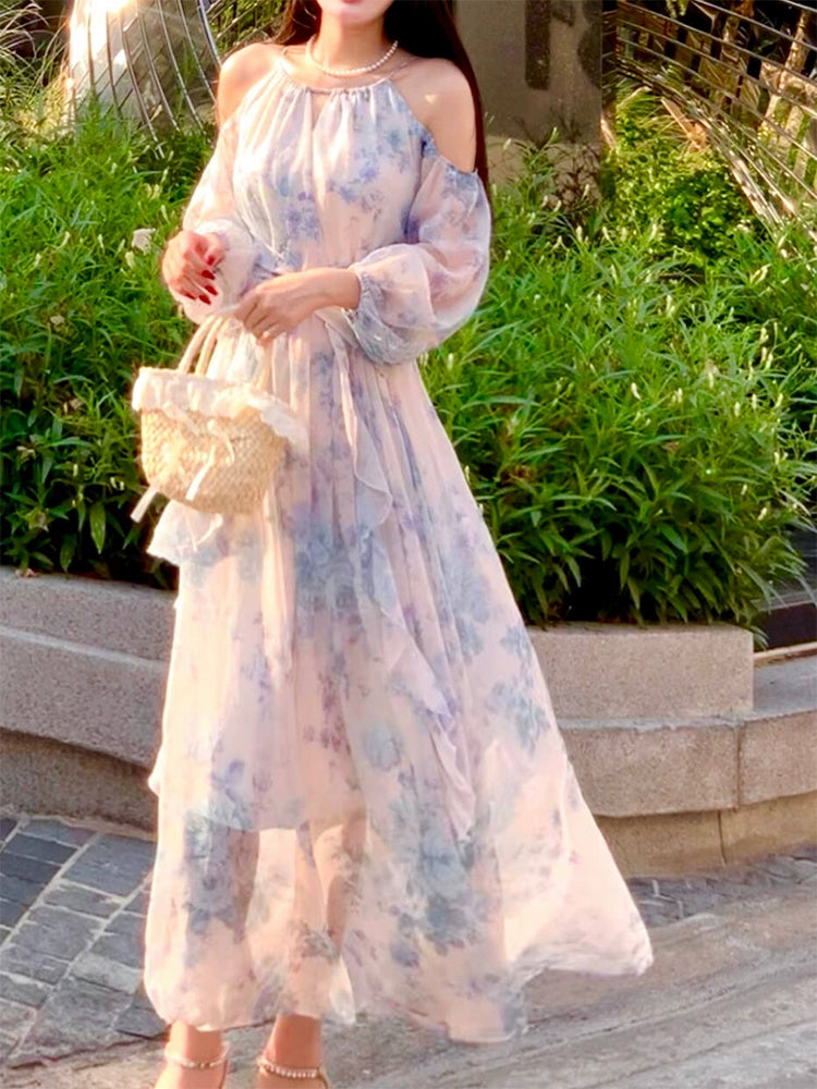 Chiffon printed dress women's seaside holiday long dress party dress     S6153