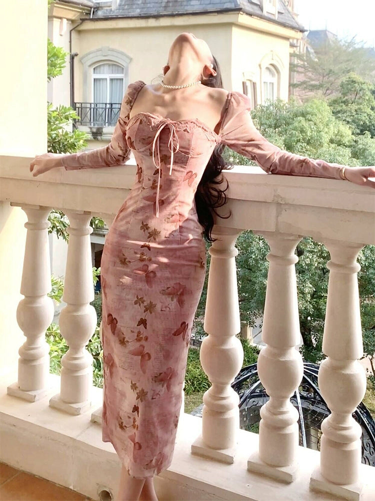 Retro Print Dress Butterfly Square Neck Puff Sleeve Elegant Long Dress      S6030