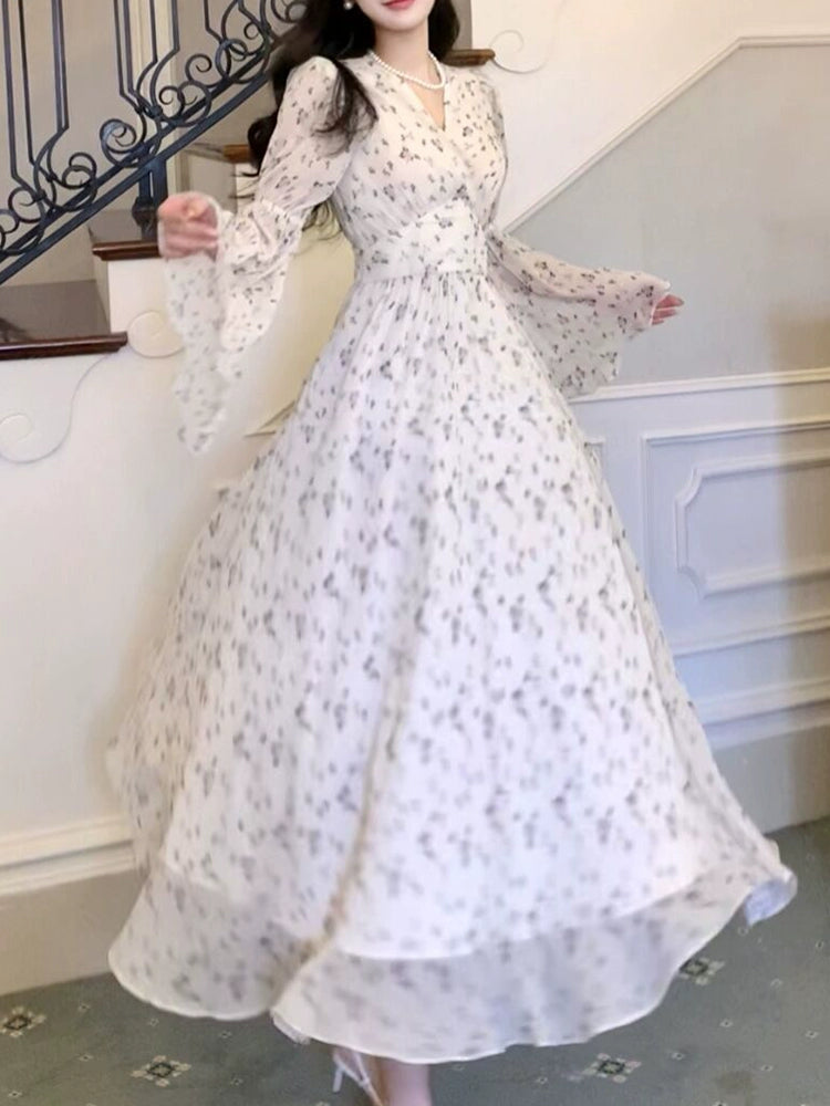 New V-neck long-sleeved chiffon floral dress      S6156