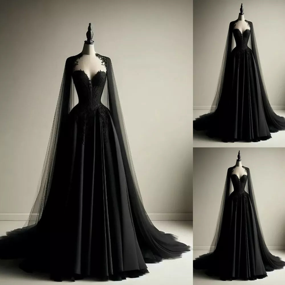 Black Tulle Evening Dress with Cape Sleeves Elegant Women Luxury Formal Party Gowns       S6396