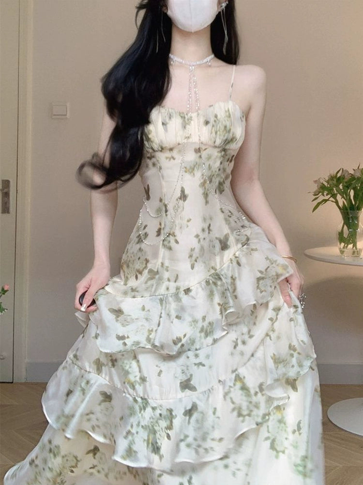 Ruffled floral suspender dress for women summer new long party dress      S5811