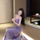 Purple satin v-neck dress for women long A-line party dress    S5916