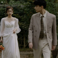 White With Small Train Satin Wedding Dress Sweet Lantern Sleeve Elegant A-line Gown       S5437