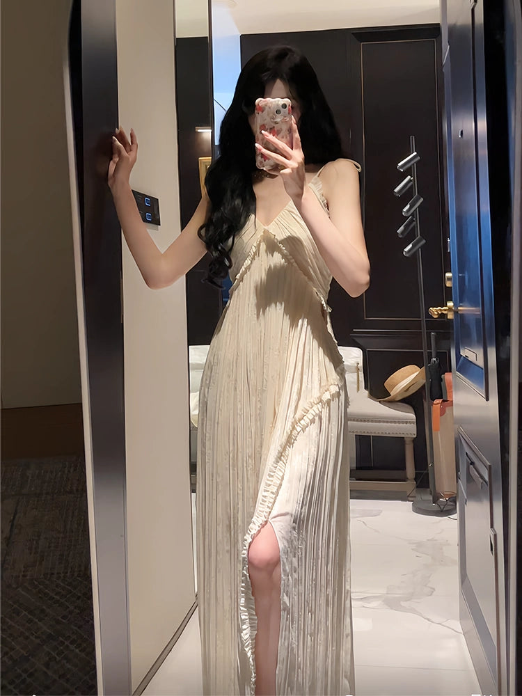 pleated floral embroidered V-neck seaside holiday dress     S6036