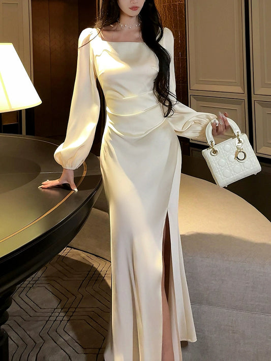 white satin long-sleeved dress luxury evening dress    S6100