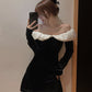 Birthday party dress off-shoulder long-sleeved black velvet dress        S5773