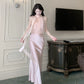 Silk satin mermaid halter neck dress long evening gown       S5982