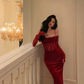 Sexy Sheath Spaghetti Straps Lace Red Velvet Evening Dresses Birthday Outfits With Gloves       S5424