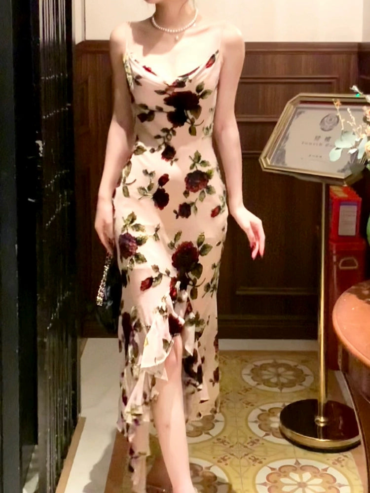 Retro flower dress for women suspender long dress       S6143