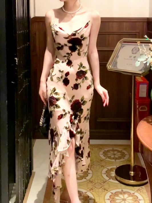 Retro flower dress for women suspender long dress       S6143