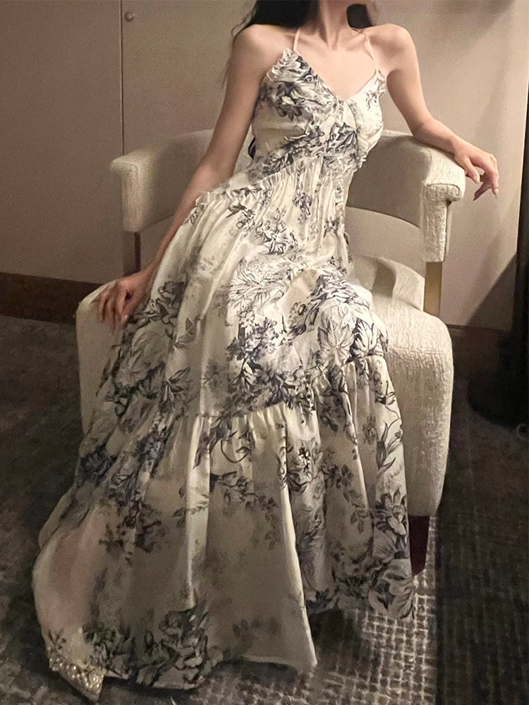 retro print halter dress summer new party dress   S6138