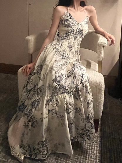 retro print halter dress summer new party dress   S6138