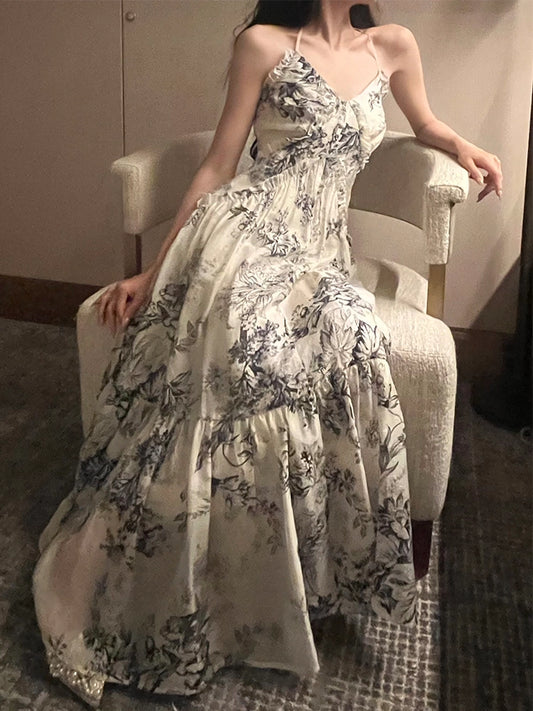 retro print halter dress summer new party dress   S6138