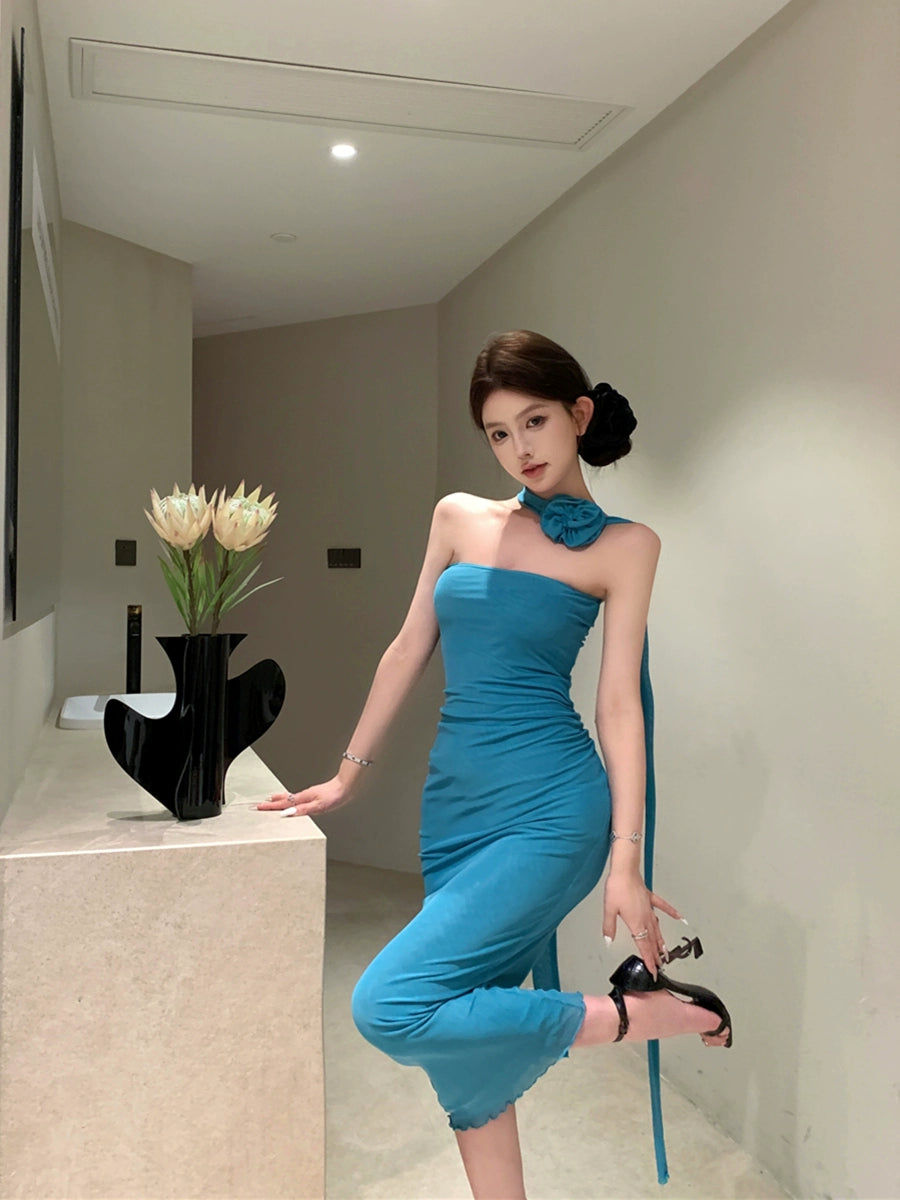 Sexy strapless dress for women summer tight pleated long party dress    S5913