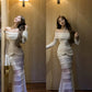 Off-shoulder white mermaid long sleeve dress lace splicing long party dress     S5906