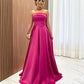 Elegant Long Fuchsia Satin Prom Dresses With Pockets A-Line Strapless Floor Length Lace Up Back Sweep Train Evening Party Gowns      S6287