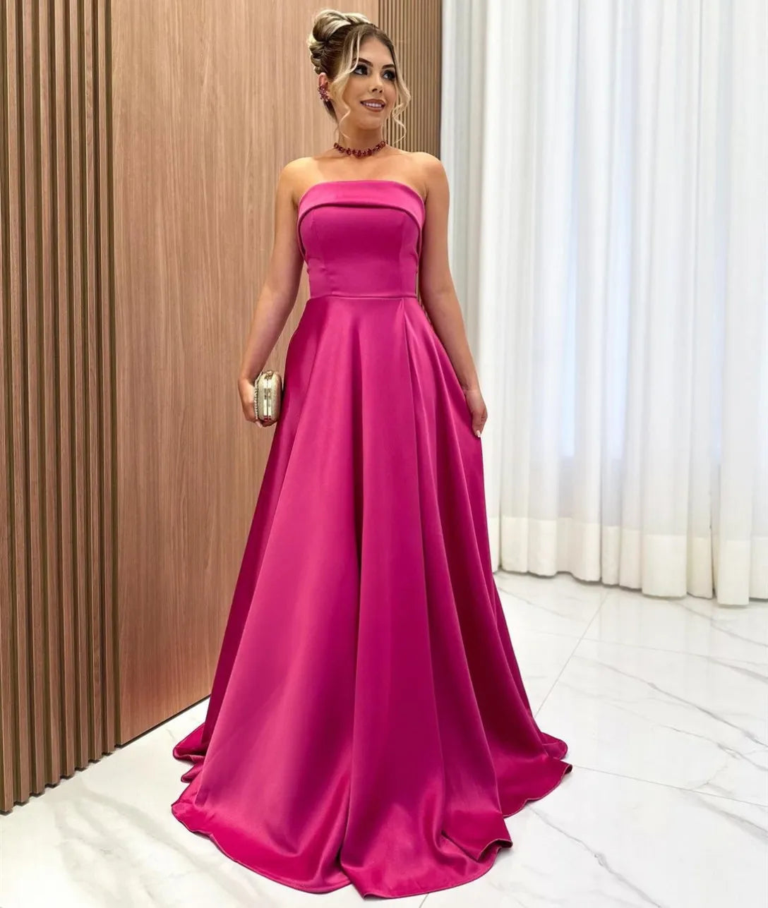 Elegant Long Fuchsia Satin Prom Dresses With Pockets A-Line Strapless Floor Length Lace Up Back Sweep Train Evening Party Gowns      S6287