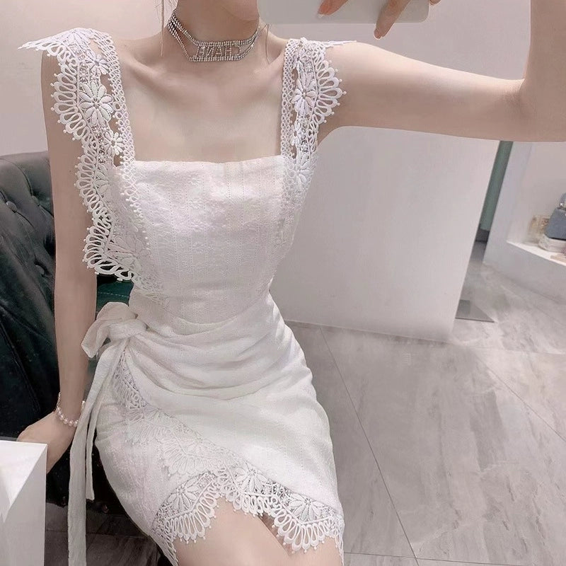 sleeveless white lace short party dress    S5839