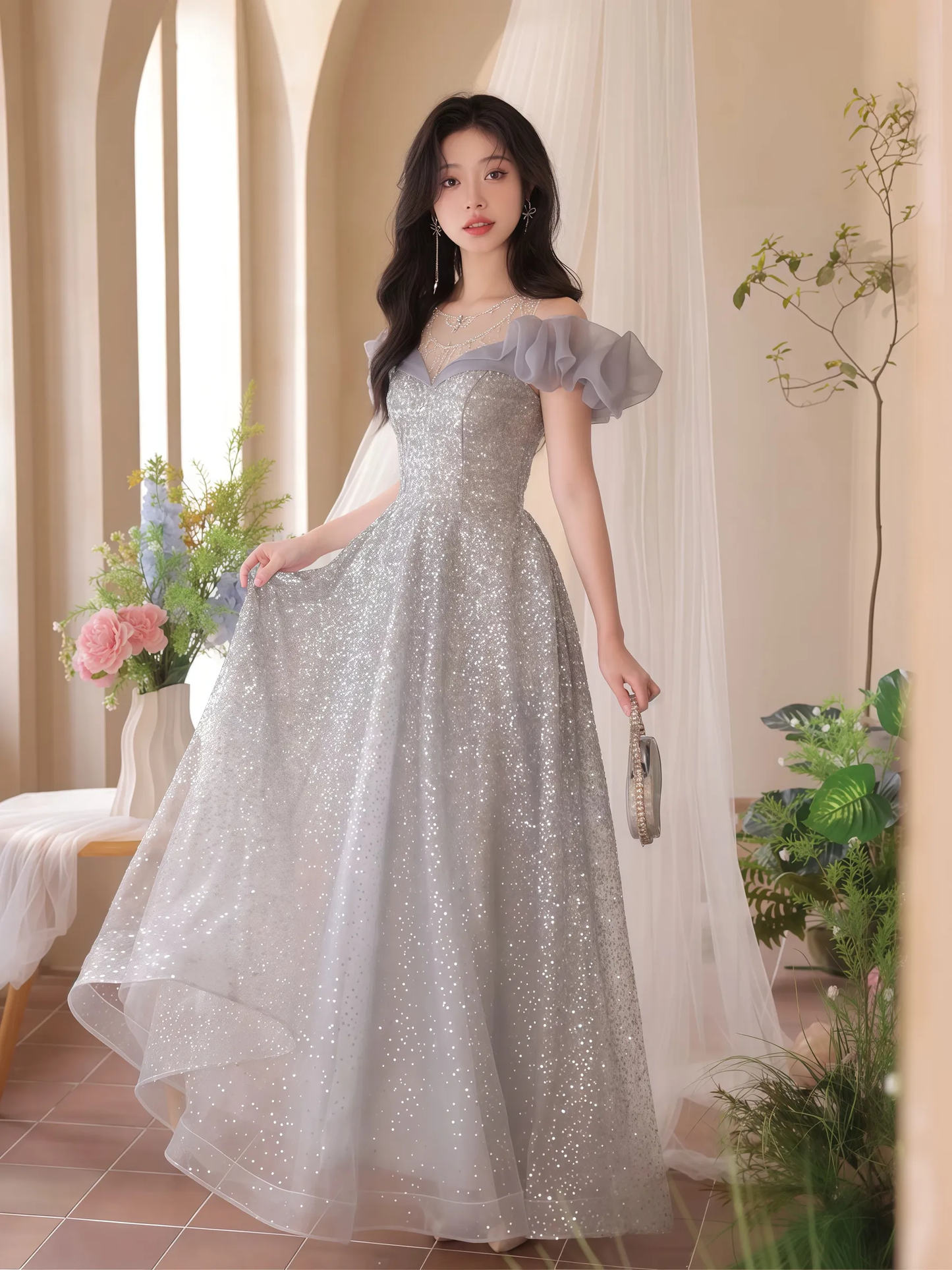 Sparkly Sequin Prom Party Dresses For Graduation Off Shoulder Long Floor Length Women Dresses       S5439