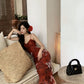 Retro red butterfly print V-neck dress for women summer long party dress      S5730