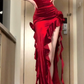 Red dress women's velvet suspender skirt irregular sexy birthday evening dress       S5457