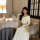 Apricot cross design long sleeve top for women A-line long dress     S5723