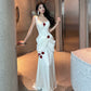 Engagement dress celebrity banquet white satin suspender dress       S5774