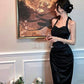 Irregular sexy backless halter neck suspender dress black evening dress       S5796