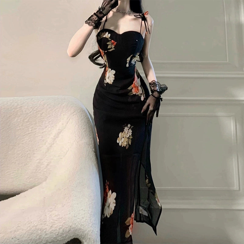 Sexy black floral suspender dress for women long party dress        S5800