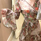 French retro printed dress layered long evening party dress     S5987
