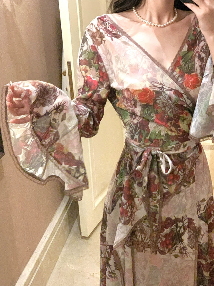 French retro printed dress layered long evening party dress     S5987