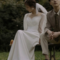 White With Small Train Satin Wedding Dress Sweet Lantern Sleeve Elegant A-line Gown       S5437
