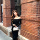 Black French ruffle design dress for women with slit long sleeves party dress     S5728