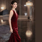 engagement dress luxury red velvet halter neck dress      S5820