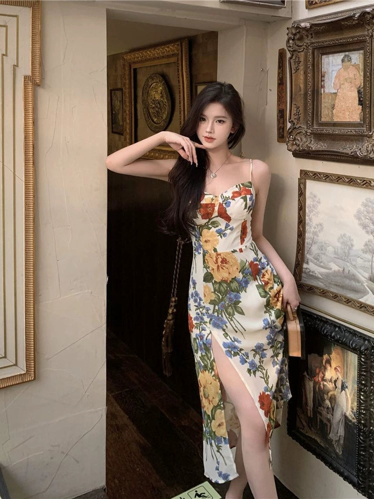 Seaside vacation floral suspender dress summer new slit long party dress      S5808