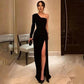 Black Simple Mermaid Evening Dress Long Sleeves One Shoulder High Side Split Formal Prom Dress Party Wear      S786