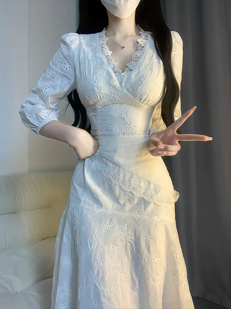 French retro puff sleeve embroidered lace dress      S5762