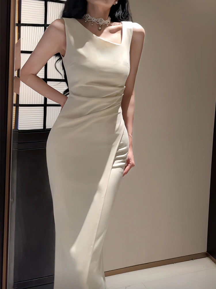 white simple dress long party dress    S6057