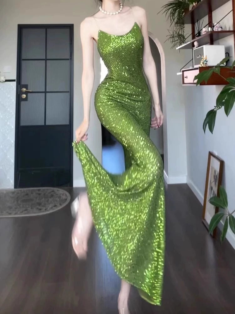 banquet evening dress Christmas outfit sequin green mermaid dress       S5772