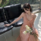 Halter neck dress women's long dress v-neck pleated a-line dress      S5901