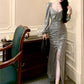 sequin dress long-sleeved slit evening dress       S6007