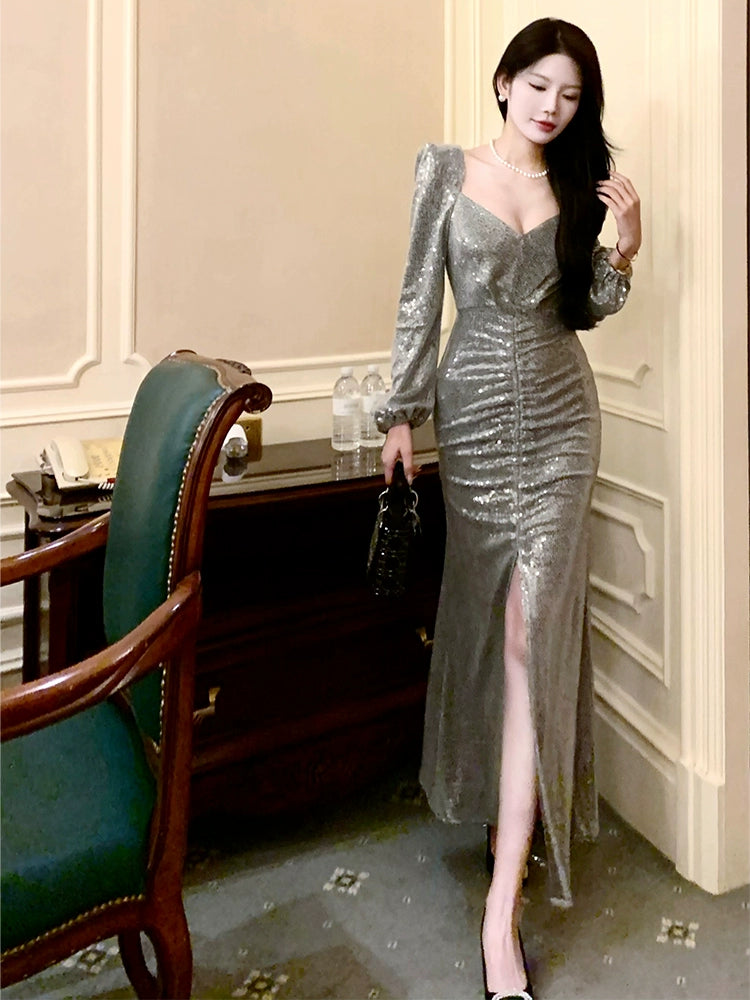 sequin dress long-sleeved slit evening dress       S6007