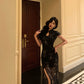 Black printed cheongsam dress new retro party dress     S5693