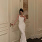 White halter neck dress summer new pleated party dress     S5618