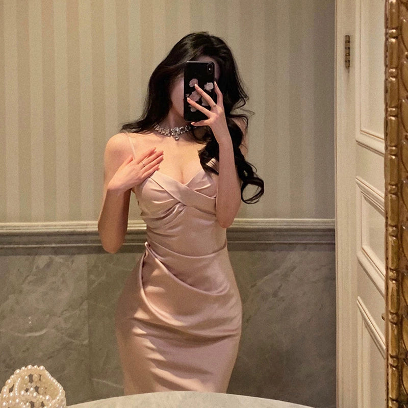 Pink satin suspender dress new style gentle mermaid party dress    S5602