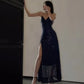 Spaghetti Straps Navy Blue Sequin Prom Dress Slit Evening Dress         S6258
