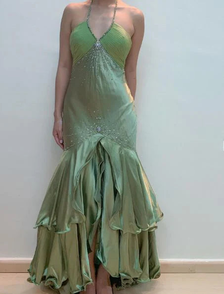 Green Halter Backless Beading Long Prom Dresses         S6073